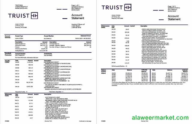 USA Truist Bank account statement Word and PDF template, 2 pages